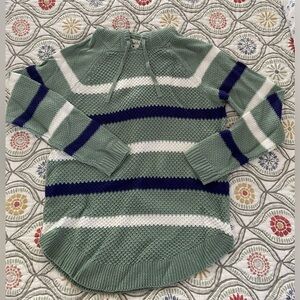 Light green, hooded, striped sweater